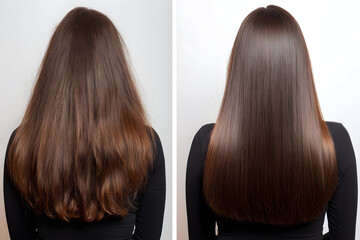 Fototapeta premium A comparison of long brown hair before and after straightening treatment on a white background wall .