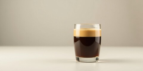 Aromatic coffee beverage in a clear glass, displaying layers of rich dark espresso and a creamy top, resting on a pristine white surface against a neutral backdrop.