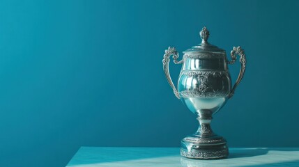 Elegant silver trophy against a calming blue backdrop reflecting success