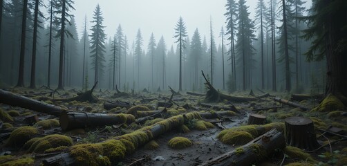 Misty forest floor covered with mossy fallen logs and tall sparse pine trees in early morning fog