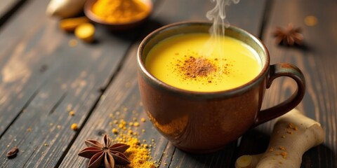 Aromatic Golden Milk Drink in Earthenware Mug with Spices