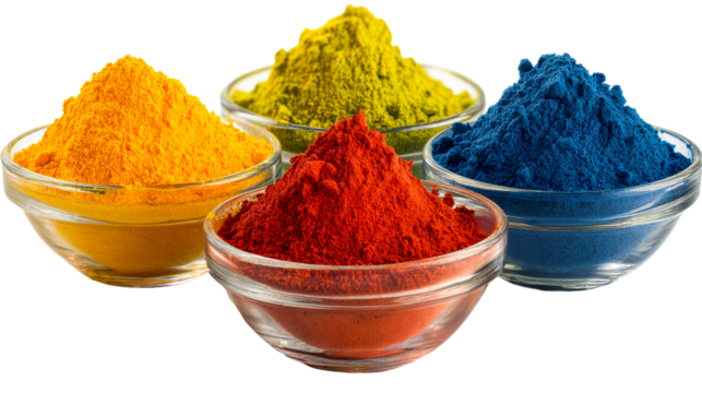 Four glass bowls filled with vibrantly colored powders arranged on a white surface, cut out transparent
