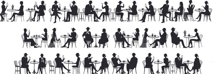 Cafe people silhouettes, vintage couple, coffee shop, restaurant, social gathering, retro style, sitting at table, dining illustration, friends drinking wine