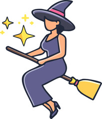 Vector witch flying on broom with magic glowing energy in hands