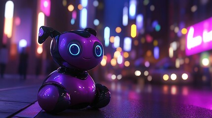 A cute robot dog marveling at the neon cityscape lights
