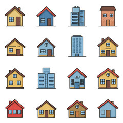 Bright colorful vector house icons in a flat, minimal style showcase a diverse collection of small cottages, modern high-rises, and suburban homes with clean lines, isolated on white.