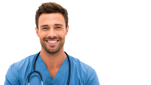 Smiling Male Doctor Wearing Blue Scrubs and Stethoscope on White Background, cut out transparent