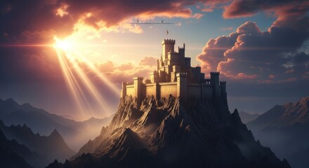 Fototapeta premium Epic Castle on a Craggy Peak Bathed in Dramatic Golden Sunbeams