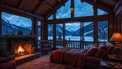 Cozy mountain cabin interior with roaring fireplace and panoramic snow covered peaks view