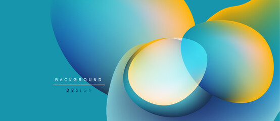 Abstract fluid shapes overlap, creating vibrant color gradients. Turquoise background complements orange, yellow hues. Modern design element.