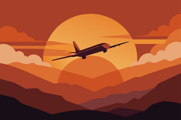 Airplane Flying into Dramatic Sunset