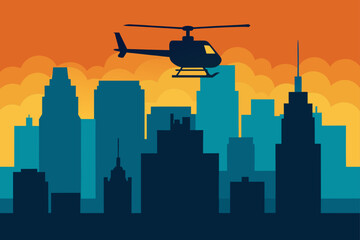 Helicopter Flying Over Cinematic City Skyline