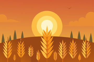 Glowing Wheat Field with Lens Flare Sunset