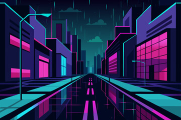 Neon Lit City Street Glowing in Rain Reflections