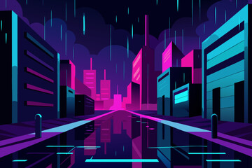 Neon Lit City Street Glowing in Rain Reflections Illustration