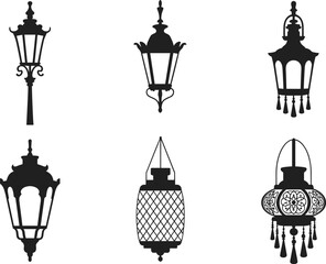 Lantern silhouette vector set, vintage and modern styles, hanging and wall-mounted lamps, ornate designs, cultural lighting, black illustration, decorative elements