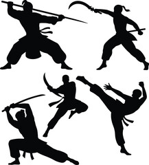 Martial arts weapon silhouette, sword and blade fighters, dynamic poses, combat readiness, traditional stances, black vector illustration, kata movement, discipline