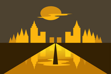 Reflection of Golden Sky on Wet Street Illustration