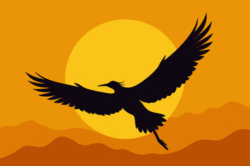 Silhouette of Bird Flying Through Golden Sky