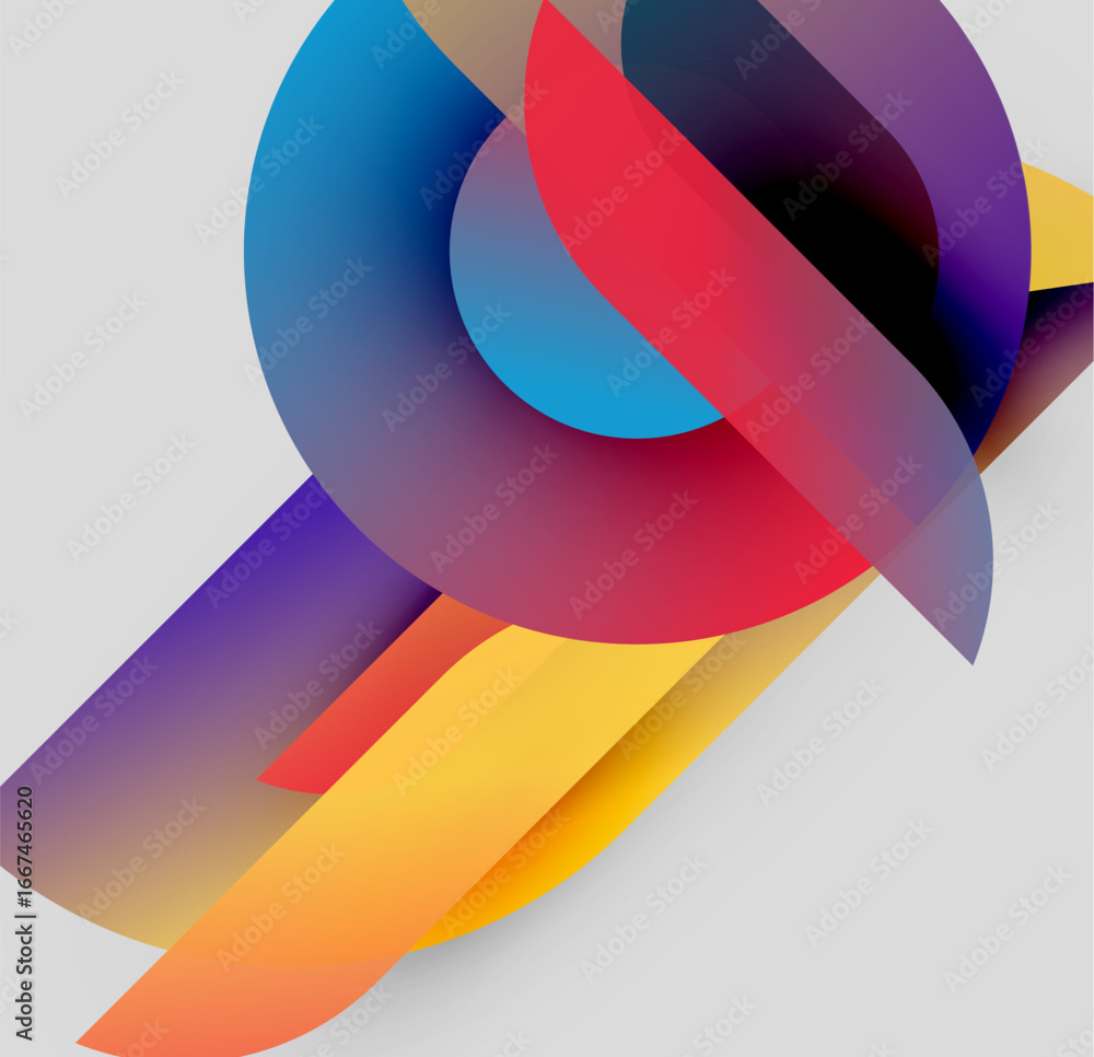 Poster abstract colorful shapes overlap, creating dynamic composition. gradients blend hues, offering moder