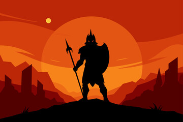 Warrior Silhouette Against Glowing Battlefield Sky