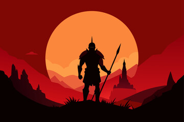 Warrior Silhouette Against Glowing Battlefield Sky Scene