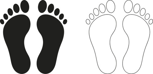 Footprint vector illustration showing solid and outline foot icons, black and white design, representing steps, movement, identity, tracking, symbol, and direction