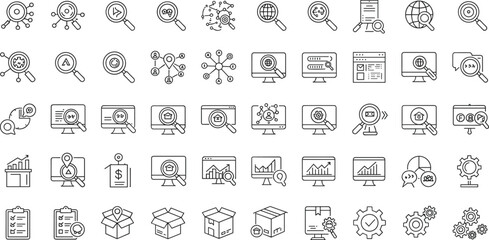 Business analytics icon set, digital marketing line icons, SEO analysis symbols, data research elements, search optimization tools, web strategy illustrations