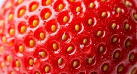 Macro view of fresh strawberry texture close up detail of bright red fruit with tiny seeds