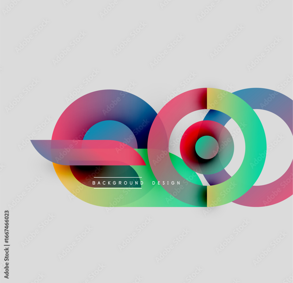 Poster Abstract colorful overlapping circles create dynamic visual. Gradient hues blend, forming modern design element. Minimalist style, clean presentation.