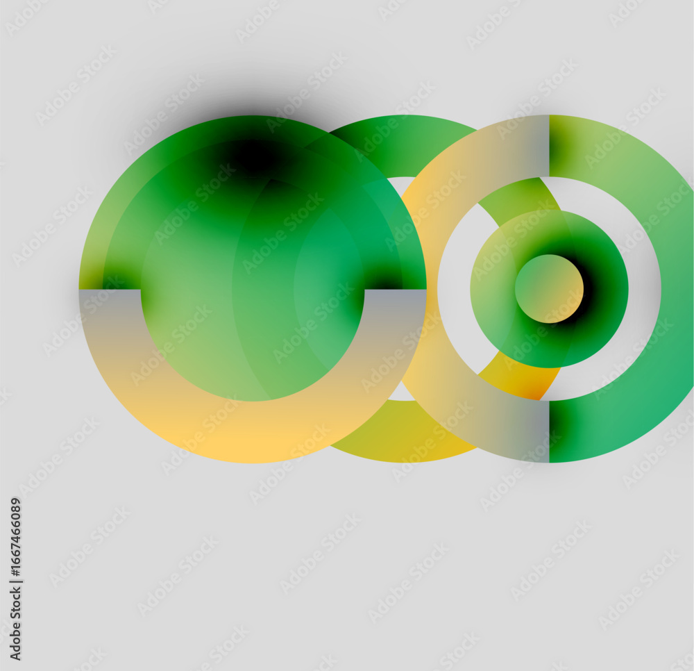 Poster abstract composition featuring overlapping circles. green, yellow, white hues blend creating soft gr