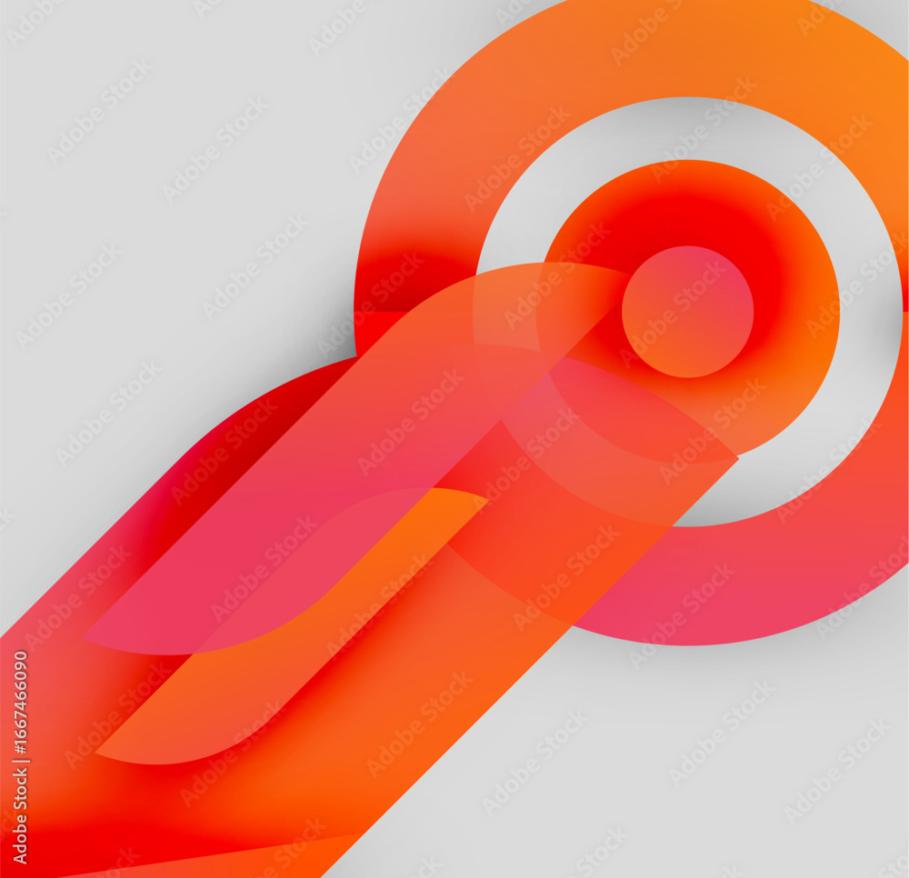Poster Abstract design features vibrant orange, red gradients. Circular elements intersect flowing shapes, creating dynamic visual impact. Modern aesthetic.