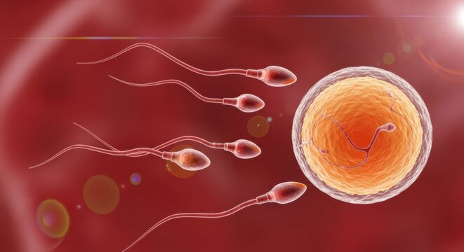 Sperm Cells Approaching Ovum: Microscopic View of Fertilization Process, Red Background