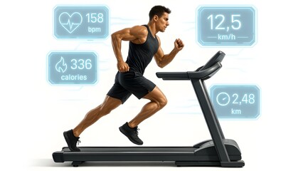 Side Profile of Male Athlete Sprinting with Futuristic Fitness UI/UX Data Overlays