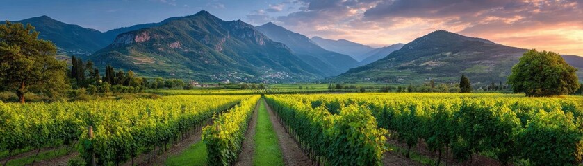 Fototapeta premium Green field with vineyard rows for harvesting concept. Stunning vineyard landscape with mountains at sunset.