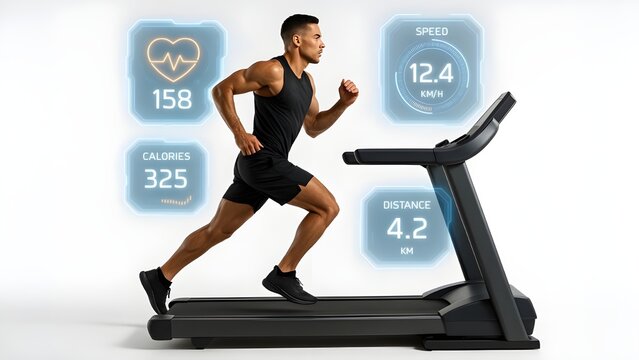 Side Profile of Male Athlete Sprinting with Futuristic Fitness UI/UX Data Overlays - Powered by Adobe