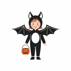 Cute Halloween Child in Bat Costume Holding Pumpkin Bucket