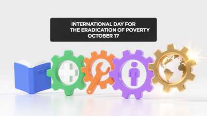 Colorful gears, books, and earth elements represent diverse actions to eliminate poverty, used for promoting International Poverty Reduction Day and global poverty reduction cooperation scenarios