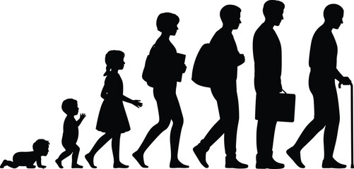 Human life stages from infancy to old age, silhouette illustration showing growth, development, and aging process of a person over time.