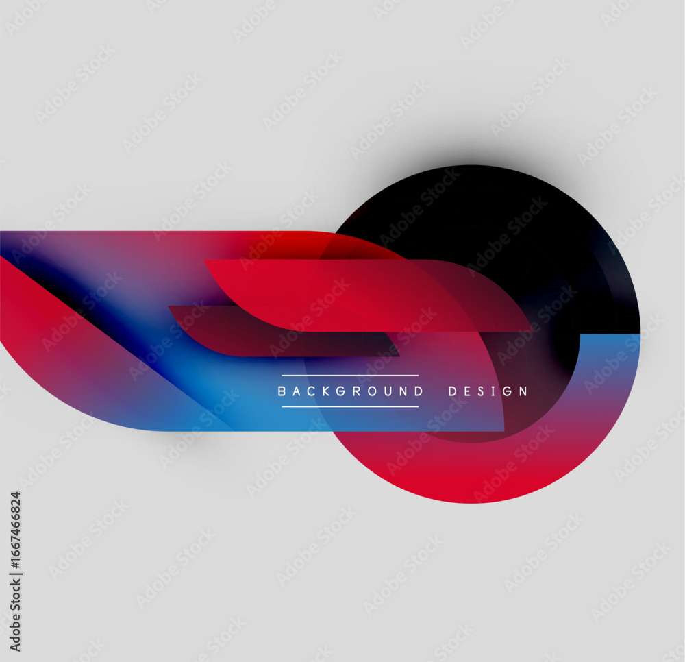 Poster abstract design features vibrant red, blue gradients. overlapping shapes create dynamic visual effec