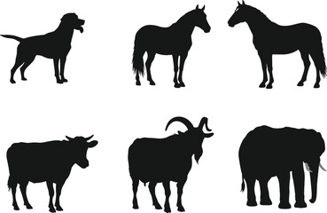 Animal silhouette vector set, including dog, horse, cow, goat, elephant, ideal for farm, wildlife, rural, and zoo designs