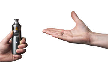 hand offering vape device on white background.