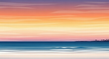 Obraz premium Serene Coastal Sunset: Minimalist Beach Scene with Vibrant Sky and Palms