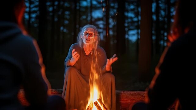 Mysterious storyteller sharing tales by the campfire under the starlit night sky adventure awaits