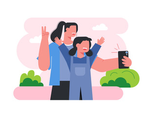Mother and daughter exploring the park, posing for selfies together. Mother illustrations. Flat vector illustration.