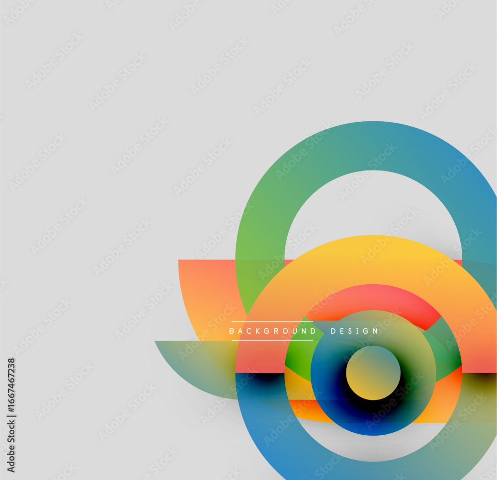 Poster Abstract colorful circles overlap gray backdrop. Modern design elements create dynamic visual impact. Simple, clean aesthetic.