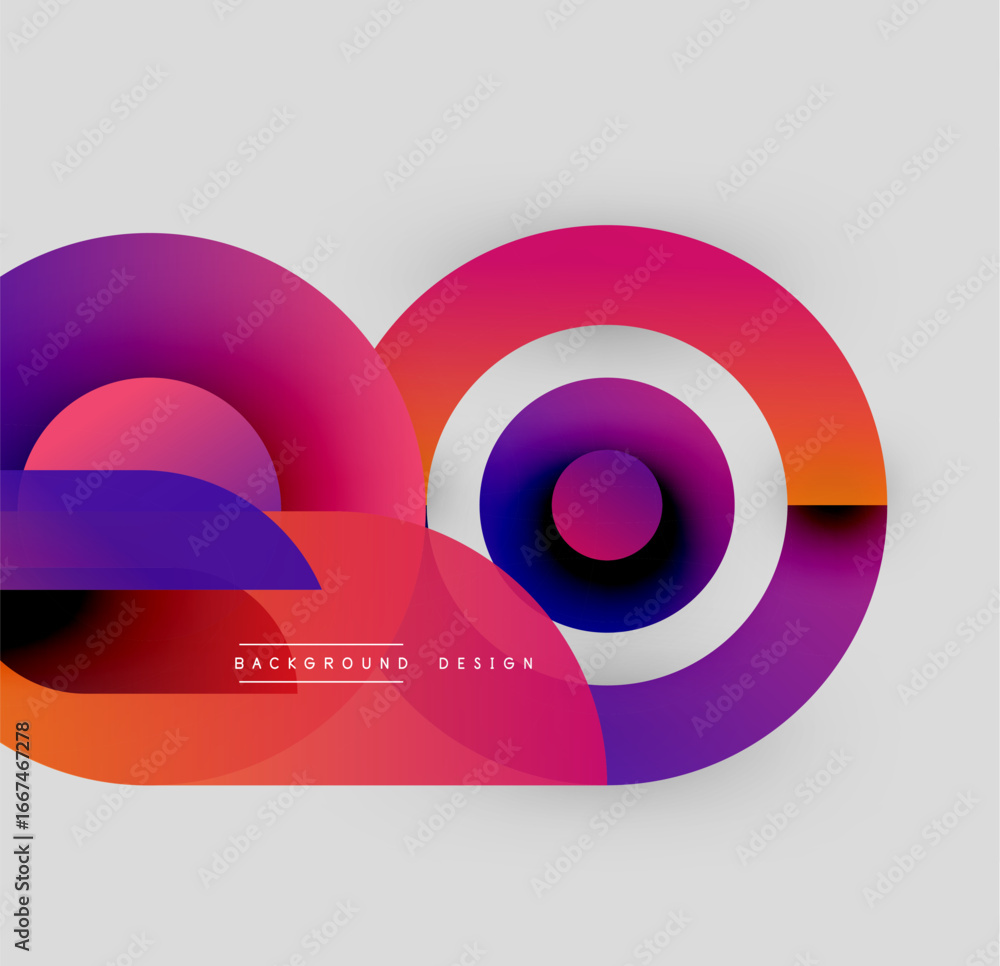 Poster Abstract colorful shapes overlap, creating dynamic visual effect. Gradient hues blend smoothly, forming modern design element.