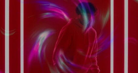 Swirling vortex initiating man emerging in red-lit tech studio and enveloping in white tubes - Powered by Adobe