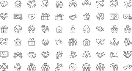 charity donation icons, volunteer care symbols, healthcare support outline, community love illustration, medical help signs, humanitarian aid, peace, teamwork vector