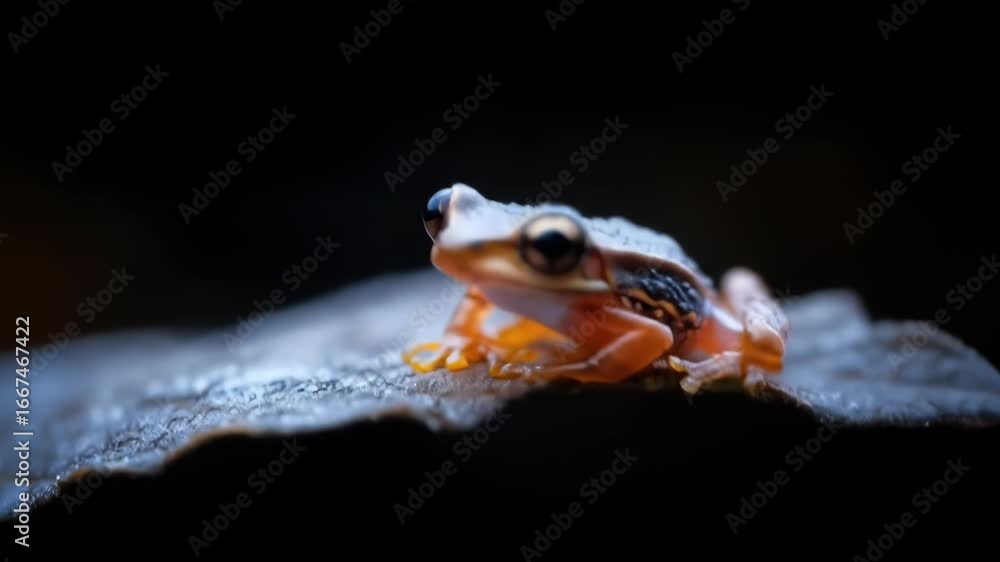 Aufkleber enchanting tree frog resting motionlessly on a leaf against a dark background creating a sense of